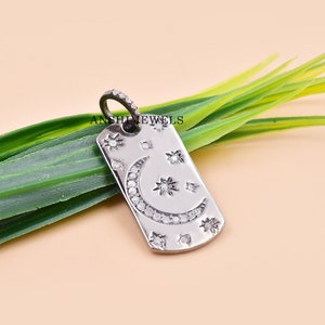 Diamond Dog Tag Pendant, Moon Diamond Pendant, Mini Stars Pendant, Gray Plated Diamond Pendant.