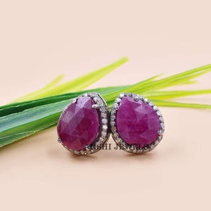 Natural pink sapphire stud earring, pave diamond gemstone stud earring, handmade gemstone stud earring jewelry