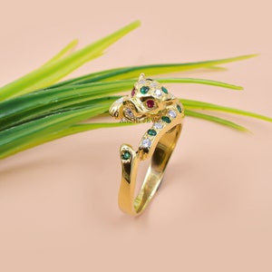 14K Yellow Gold Plated Panther Band Ring, Green & White Cubic Zirconia Band Ring Jewelry