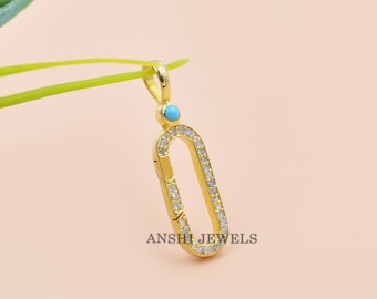14k Yellow Gold Plated Diamond & Turquoise Enhancer Lock, Oval Push Lock Jewelry