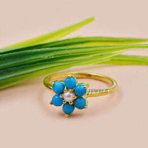 14K Gold Plated Band Ring, Turquoise & Pearl Band Ring, Women Turquoise Ring, Thin Turquoise Band Ring, Silver Thin Turquoise Ring Jewelry