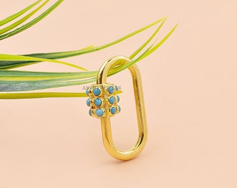 14K Yellow Gold Turquoise Screw Carabiner Lock, Woman Necklace Jewelry Connector Lock