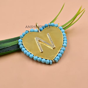 Turquoise Border Heart Charm with Diamond Letter N- Custom Name Initial Jewelry image 1
