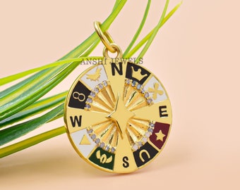 Elegant 14K Yellow Gold Compass Pendant with Diamond and Multi-Enamel Design Jewelry