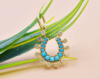 14K Yellow Gold Plated Lucky Charm Diamond & Turquoise Horseshoe Pendant Jewelry