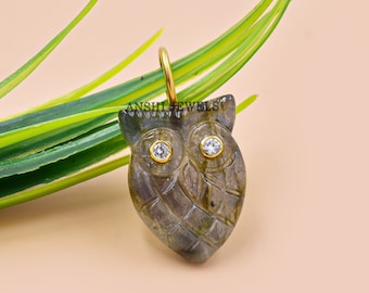 Handmade Labradorite Owl Charm, 925 Silver Yellow Gold Plated Loop