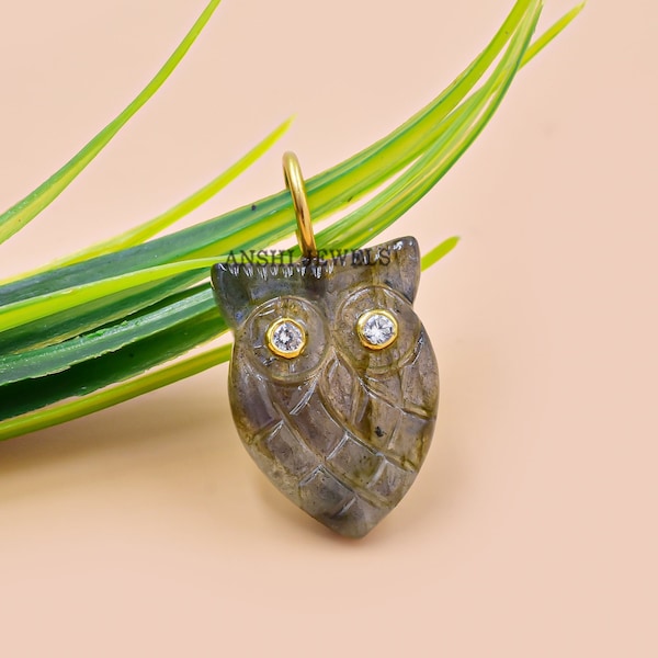 Labradorite Owl Charm, Carving Owl Shape Charm, Beautiful Owl Handmade Charm, Yellow Gold Plated Loop Owl Charm, Wholesale Charm Jewelry