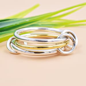 14K Gold Plated Center Band Ring with Double Silver Bands – Multi-Link Connector Ring Jewelry