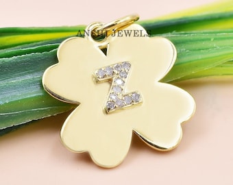 14K Gold Plated Clover Pendant, Diamond Letter Z, 925 Silver