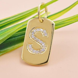 14K Yellow Gold Plated Dog Tag Letter Charm, Single Cut Diamond S Letter Pendant, Initial Letter Pendant, Alphabet Letter Charm Pendant