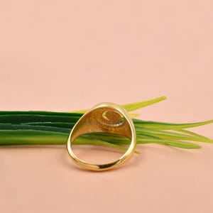 Puede incluir: Un anillo de oro con una cabeza circular y un dise&ntilde;o recortado. La banda es lisa y pulida, mostrando una superficie met&aacute;lica reflectante. El texto ANSHI JEWELS est&aacute; grabado en la superficie interior del anillo, que se encuentra en posici&oacute;n vertical.