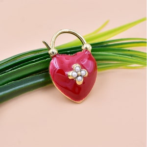 14K Yellow Gold Plated Padlock, Pearl Designer Padlock, Red Enamel Padlock, Push Lock Padlock, 925 Silver All Enamel Padlock Jewelry