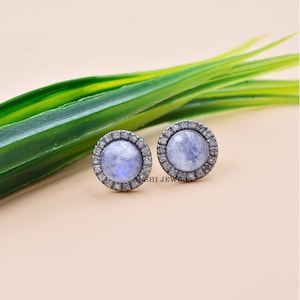 Gray Plated Stud Earring, Rainbow Moonstone Stud Earring, Single Cut Diamond Push Back Stud Earring, Woman Earring Jewelry