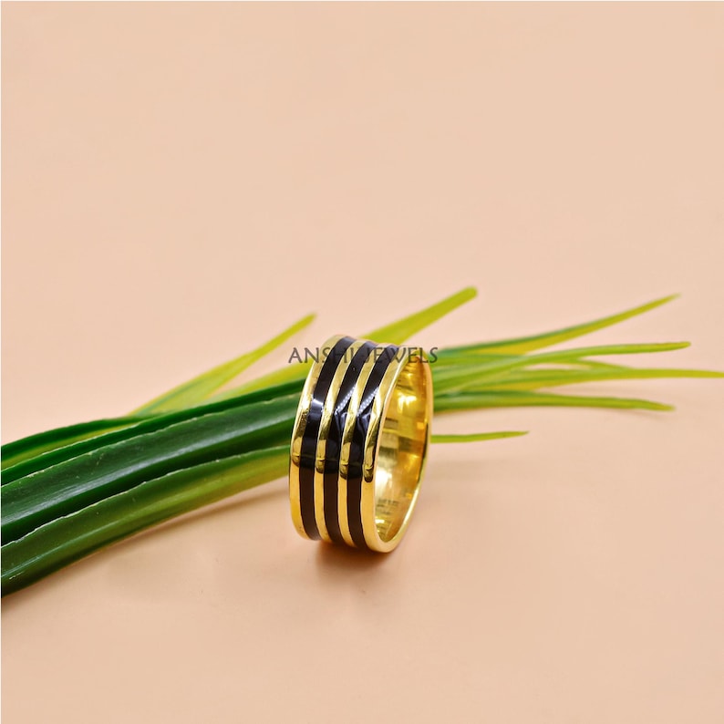 Black Enamel Modern Stripe Chunky Band Bold Minimal Designer Ring In Sterling Silver image 1