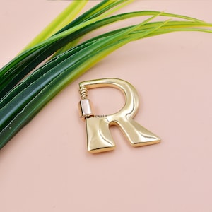 Könnte beinhalten: Ein goldfarbener Metallanhänger mit dem Buchstaben "R" und einem federbelasteten Verschluss. Der Anhänger liegt auf einer hellrosa Oberfläche, mit grünen und gelben Blättern im Hintergrund. Der Text "ANSH JEWELS" ist auf dem Verschluss zu sehen.