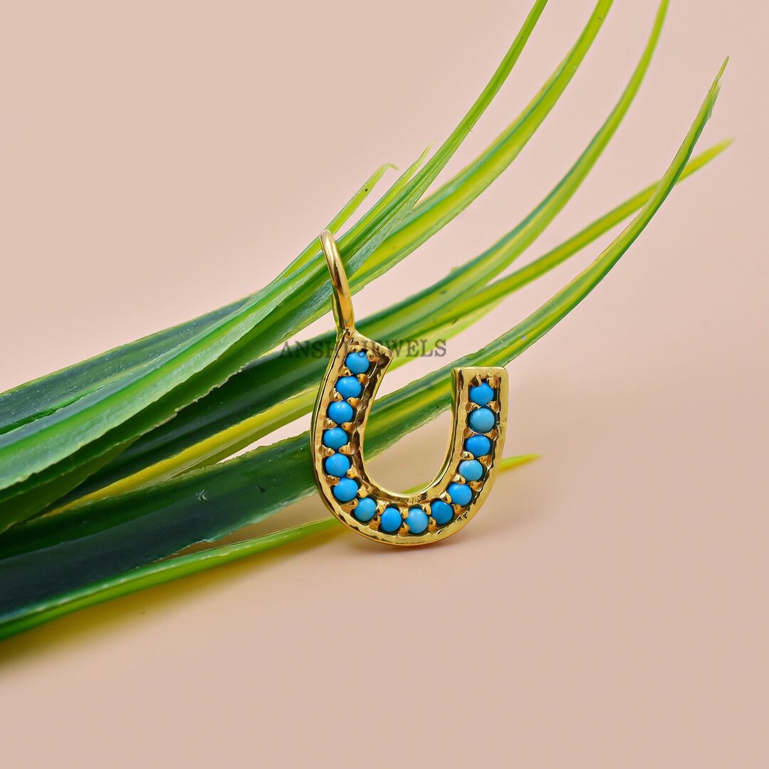 14K Yellow Gold Plated Charm, Turquoise Horseshoe Charm, Woman Lucky