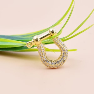 14K Yellow Gold Plated Shackle Lock, 925 Silver Carabiner Lock, Cubic Zirconia Screw Lock, Jewelry Connector Lock