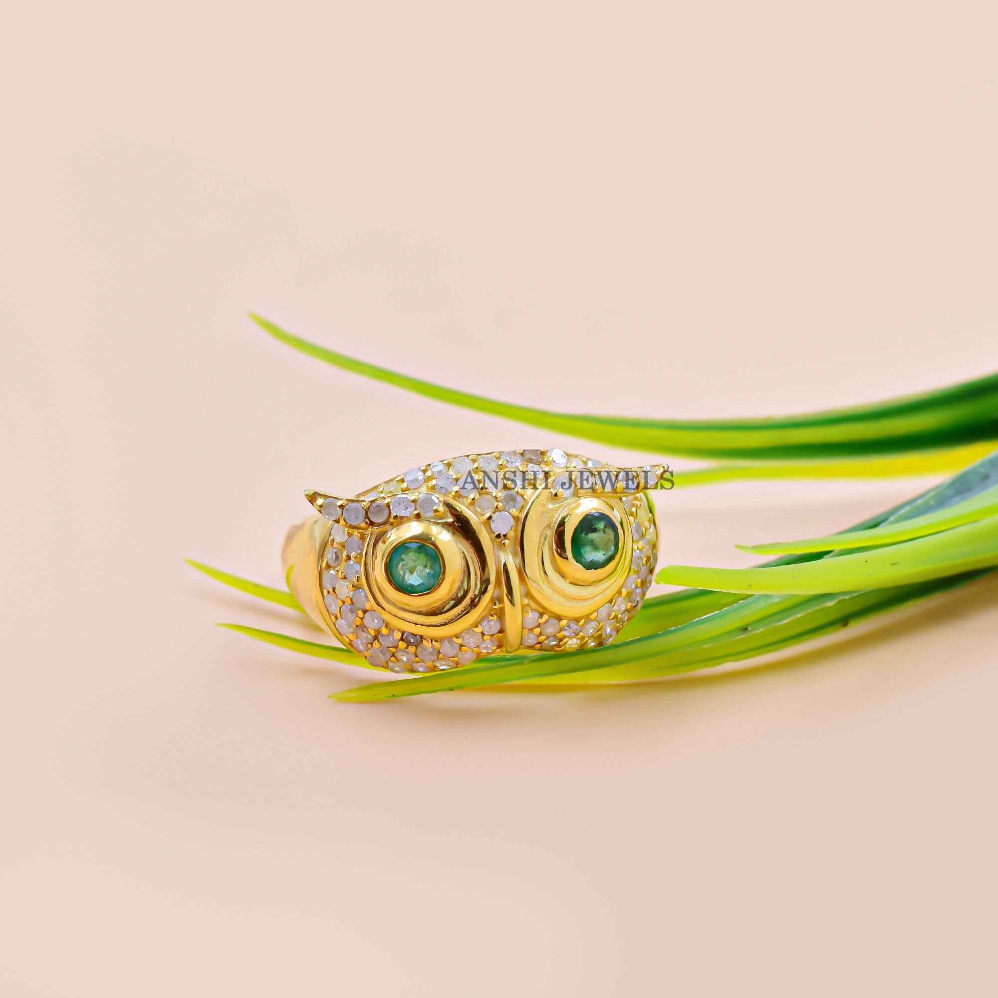 Emerald Owl Ring, 14k Gold Vermeil, Pave Diamond Ring, Animal Jewelry