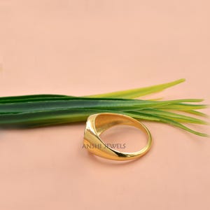 Puede incluir: Un anillo de oro con una banda lisa y pulida y una cara circular que presenta un grupo de peque&ntilde;as piedras claras y brillantes. El texto ANSHI JEWELS est&aacute; grabado en la superficie interior de la banda, situada junto a unas hojas verdes.