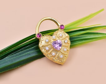 Handmade Pearl & Pink Topaz Heart Padlock, 14K Yellow Gold Plated