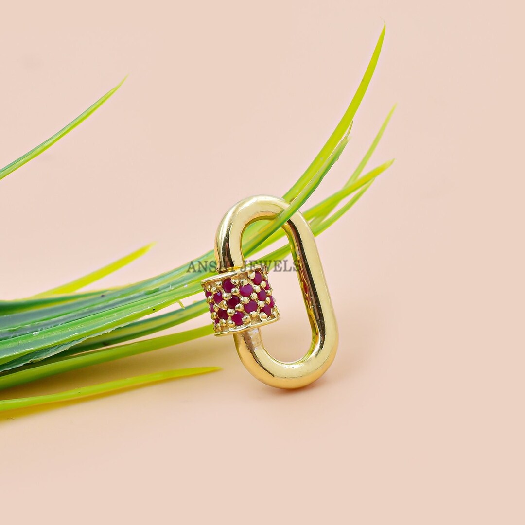 14K Solid Yellow Gold Carabiner Lock, Jewelry Connector Lock, Pink