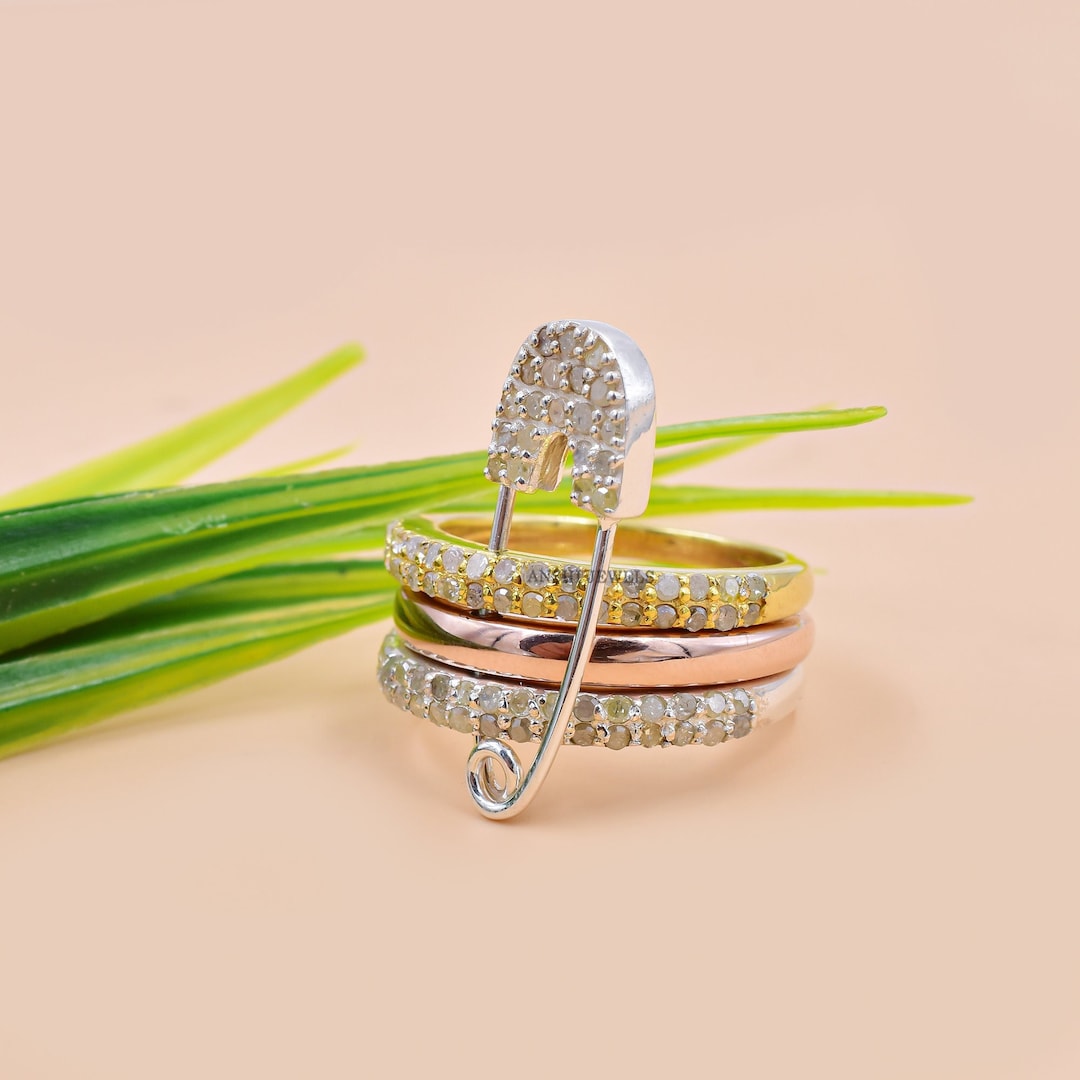 Diamond Safety Pin Band Ring, 14K Yellow, Rose Gold Plated & Silver ...