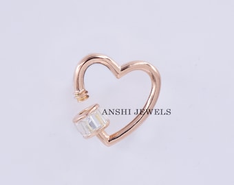 Handmade Rose Gold Plated 925 Silver Heart Carabiner Lock with White Cubic Zirconia