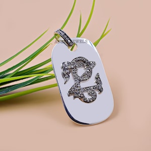 925 Silver & Gray Dog Tag Pendant with Diamond Letter Monogram Dog Tag Pendant Jewelry