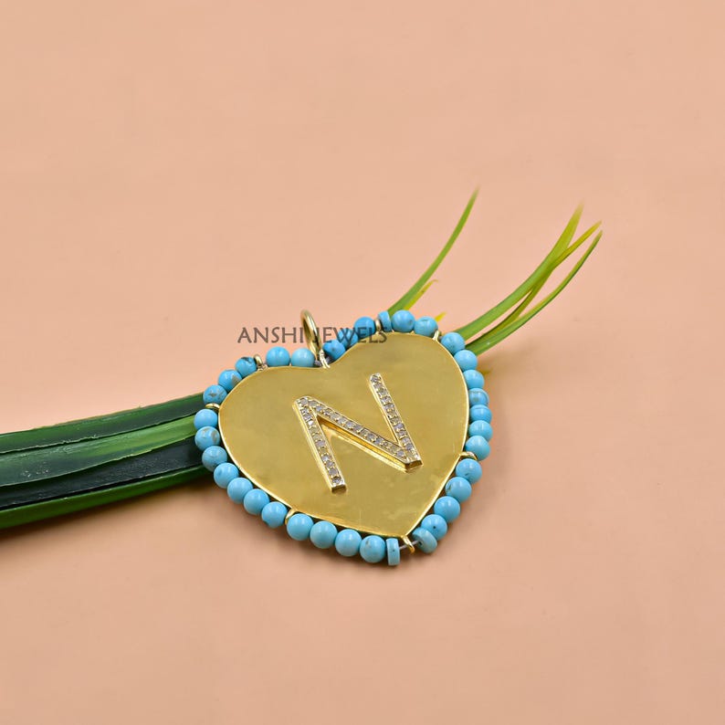 Turquoise Border Heart Charm with Diamond Letter N- Custom Name Initial Jewelry image 1