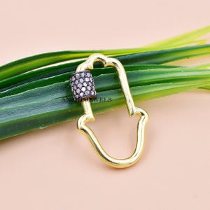 14K Yellow Gold Plated Hamsa Carabiner Lock, Single Cut Diamond Screw Lock, Grey Plated Silver Screw Carabiner Lock, Hamsa Screw Carabiner
