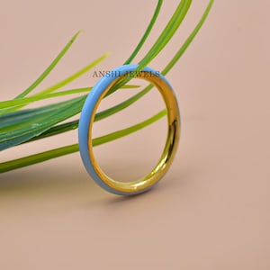14K Yellow Gold Sky Blue Enamel Thin Ring Designer Custom Enamel Ring Jewelry