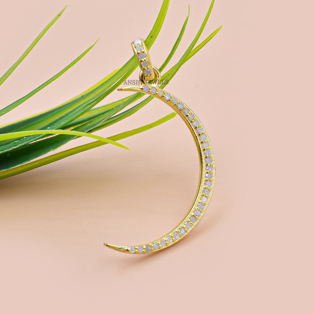 14K Gold Plated Half Moon Pendant Diamond Moon Pendant Half Etsy