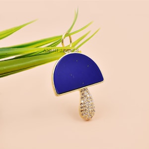 Lapis & Diamond Mushroom Pendant, 14k Yellow Gold Mushroom, Designer Mushroom Pendant, Gemstone Mushroom Pendant, Mushroom Jewelry Supplier