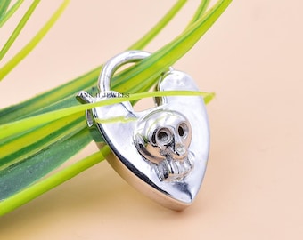 Handmade 925 Sterling Silver Skull Heart Padlock, Jewelry Connector (21x15 mm)