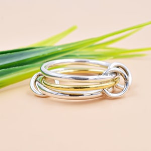 14K Yellow Gold Middle Band 2 Silver Band Ring Plain Link Band Ring Multi Connector Link Band Ring Jewelry