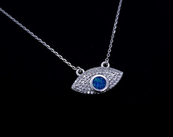 Evil, Eye Handmade, Pendant, Charm, Necklace, Opal & Cubic Zirconia, Gemstone, Gift for Her, Silver 925 Sterling Silver