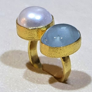 Aquamarine and Pearl, Handmade Ring, Statement Gemstone Ring, Dual Gemstone Ring, Silver 925 Gold Plated 18k