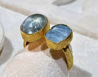 Aquamarine & Aquamarine, Handmade Ring, Statement Gemstone Ring, Dual Gemstone Ring, Silver 925 Gold Plated 18k