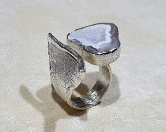 Druzy Quartz, Handmade Ring, Statement Gemstone Ring, Silver 925