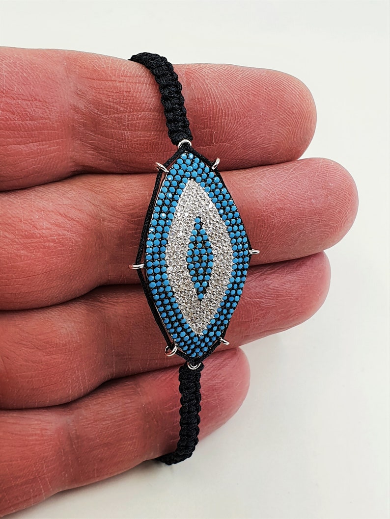 Eye Sterling Silver Evil Gift for Her Macrame Gemstone Turquoise /& Tiny Zircon Handmade Bracelet 925 Large