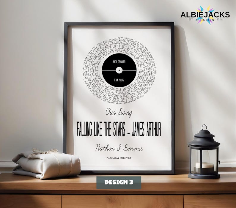 Personalised Song Lyric Print | Custom Song Lyric Vinyl Style Photo Print | Wedding & Anniversary Gift Design 3