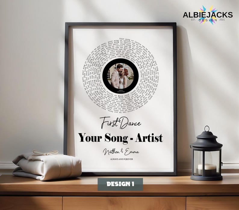Personalised Song Lyric Print | Custom Song Lyric Vinyl Style Photo Print | Wedding & Anniversary Gift Design 1