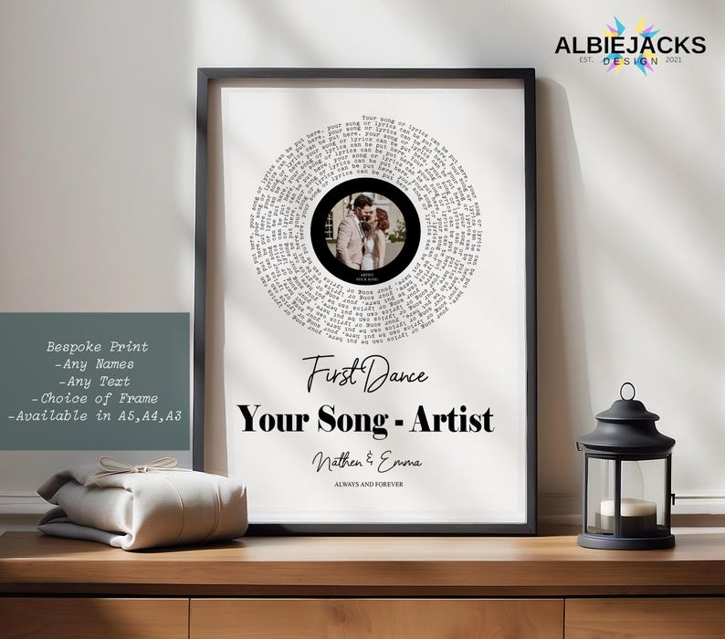 Personalised Song Lyric Print | Custom Song Lyric Vinyl Style Photo Print | Wedding & Anniversary Gift 画像 1