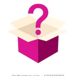May include: An open pink box with a question mark above it. The box is open and the inside is empty.