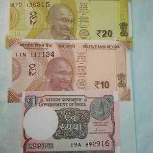 india Gandhi 10 and 20Rs/- and 1 Rupee 3 different unc banknotes/currency lot.