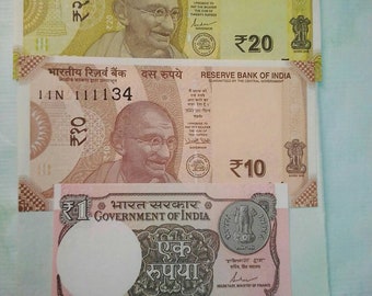 india Gandhi 10 and 20Rs/- and 1 Rupee 3 different unc banknotes/currency lot.
