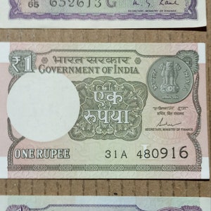 Set of 3 Indian 1 Rupee Banknotes - 2 Vintage UNC, 1 New - Rare Currency Collection