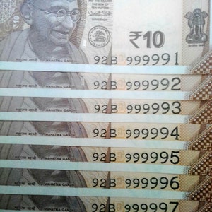 Indian Gandhi 10Rs/- Unc Currency|Banknotes Bills Lot 999991 to 999998