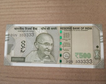 Indian Super Solid Number 3QN 333333 Gem UNC 500 Rupees Banknote - (Authentic Collectible)