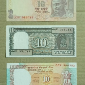 Zestaw 3 starych indyjskich banknotów o nominale 10 rupii – zawiera rzadki numer seryjny 786 | Kolekcjonerska waluta vintage